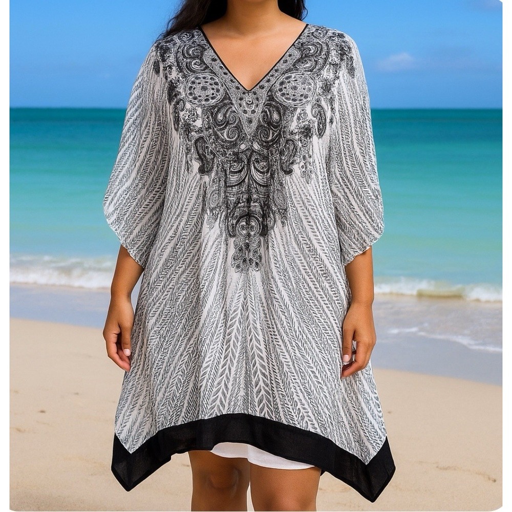 Rene Derhy Sz XL Black and White paisley dress, sleeveless, embroidered sequins